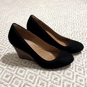 New Clark Indigo Black Suede Wedge Heels